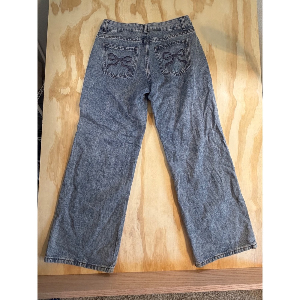 Telepatia Wide Leg Jeans Light Wash Blue Bow Back Pocket Embroidery Size 3/26 - Picture 4 of 8